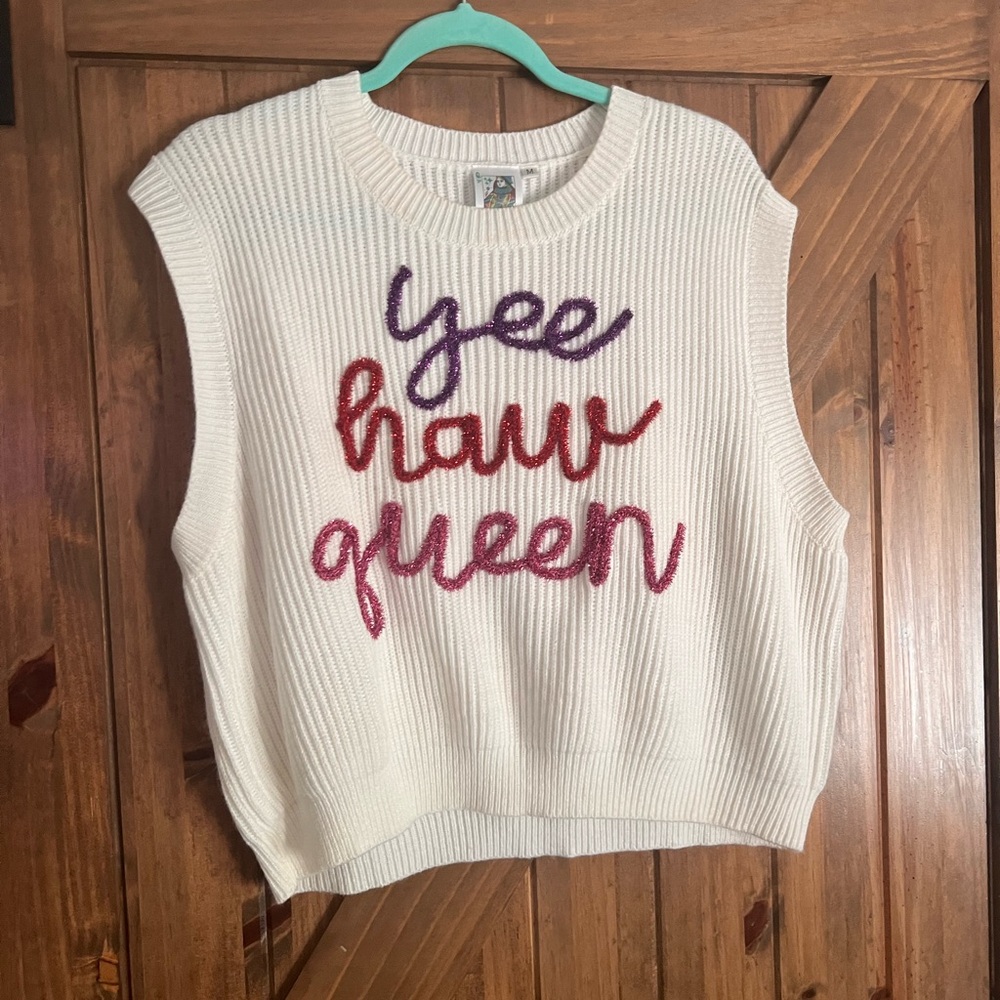 QUEEN OF SPARKLES Cream Sleeveless Top with Pink and Purple Text